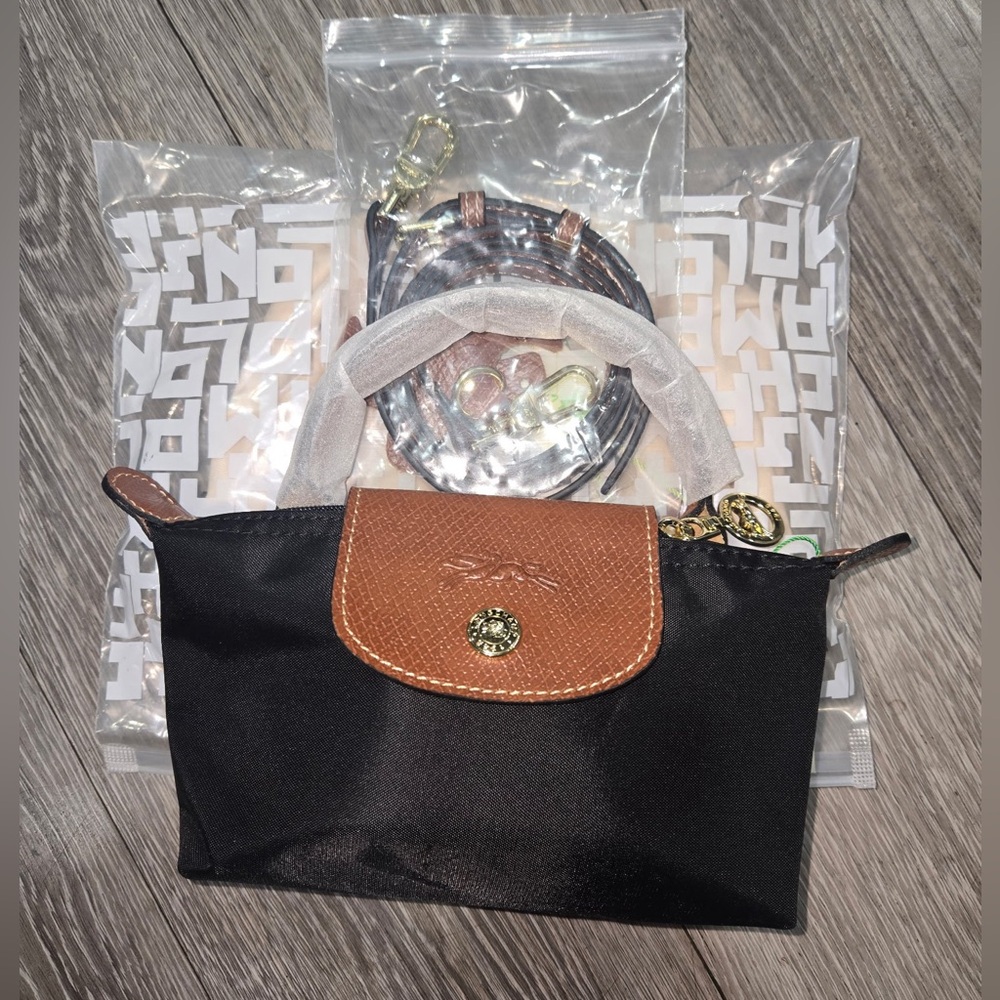 Longchamp Le Pliage Original Handle Pouch mini lblack brown leather nwt color - Picture 4 of 8